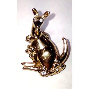Vintage AVON Kangaroo and Joey Brooch Pin Gold Tone Rhinestone 1.5"